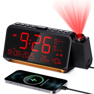 Radiowecker Digital, Projektionswecker, FM Radio und Auto-Off-Timer, 320°Projektor mit Dimmer, Wochenendmodus, Dual-Alarm, Temperatur und Luftfeuchtig, Wecker Laut mit Projektion für Decke, Wand