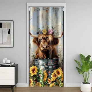 Homewish Lustig Highland Kuh Türvorhang 86x203cm Bauernhaus Niedliche Kuh Vorhang für kinder Erwachsene Mädchen Jungen,Sonnenblumen Rinder Tür Vorhänge Holz Brett Wildtiere Pflanzen Sichtschutzvorhang