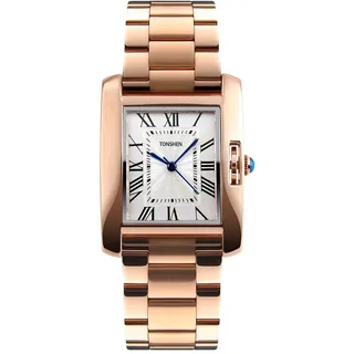 TONSHEN Luxus Fashion Damenuhr Rechteck Edelstahl Römische Nummer Casual Elegant Analog Quarz Uhren (Gold)