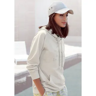 Hoodie LASCANA, Damen, Gr. 36/38, grau (hellgrau), angeraute Sweatware, Obermaterial: 50% Baumwolle, 50% Polyester, unifarben, bequem lang, Raglanärmel elastischer Bund, Sweatshirts Hoodie, mit Statement Druck, Loungewear