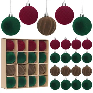 Miaikoe 16 Stück Samt Weihnachtskugeln hängende Ornamente Set, vorgebunden Plastik Flocked Weihnachtskugeln Weihnachtsdekorationen Festival Feiertagsparty Dekor (Braun, Rot, Grün, 6CM)