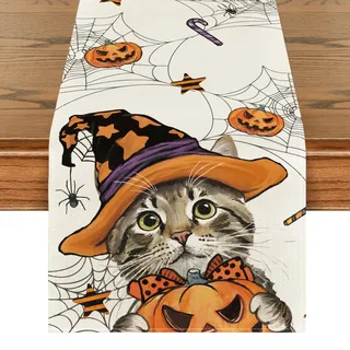 Artoid Mode Katze Jack-o-Laterne Halloween Tischläufer, Saisonnal Herbst Küche Tisch Drinnen Urlaub Party Dekor 40x140 cm