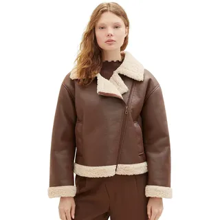 TOM TAILOR Denim Damen 1038689 Sherling Lederjacke, 19714-roasted Coffee Brown, L