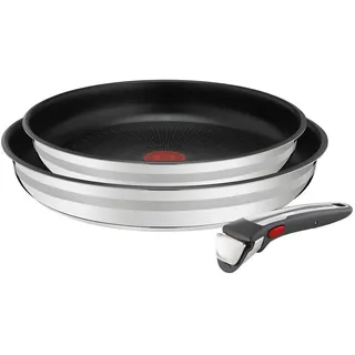 Tefal Pfannenset , Schwarz, Edelstahlfarben , Metall , 2-teilig , rund , 33x12x33 cm , abnehmbarer Griff, hitzebeständige Griffe, backofengeeignet, antihaftbeschichtet , Kochgeschirr, Pfannen, Pfannensets