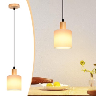 Glitzerlife Pendelleuchte 1 Flammig Esstischlampe Holz - Wohnzimmerlampe E14 Weiß Esszimmerlampe Vintage Hängelampe Rustikal Küche Flurlampe Stoff für Wohnzimmer Restaurant Schlafzimmer Flur Esstisch