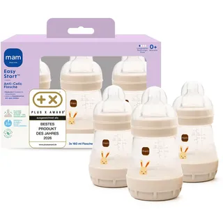 MAM Easy Start Anti-Colic Babyflasche 3x 160 ml, 0+ Monate, Gr. 1, Hase | Selbst-sterilisierend in der Mikrowelle in 3 Min, Anti-Kolik-Bodenventil, brustähnlicher SkinSoft Sauger, ab Geburt