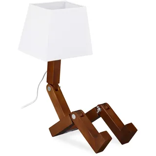 Relaxdays Tischlampe Roboter, ausgefallen, beweglich, Stoff Lampenschirm, Holz, Kinderlampe HBT: 42 x 18 x 32 cm, braun