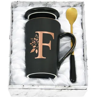 Joymaking Personalisierte Tasse mit Buchstaben Kaffeetasse mit Blumen Motiv, Namen Initiale persönliche Geschenke Kaffeetasse für Frauen Freundin, F - 400ml Schwarz