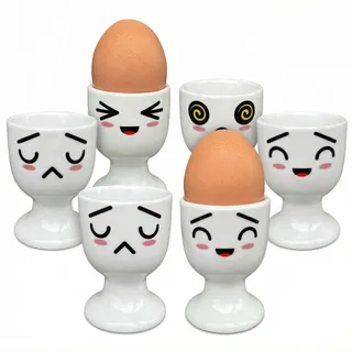 MIJOMA Set 6 Porzellan Eierbecher Funny Faces Kollektion 2 – ca. 7x5 cm – beidseitige Gesichter, spülmaschinenfest, für Frühstück und Brunch