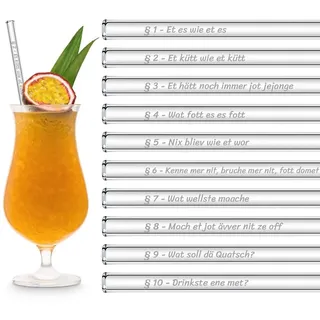 HALM Köln Karneval Glasstrohalme Lustige Fasching Sprüche | 6x 23 cm lang Strohhalme Köln Karneval Geschenkset mit gravierten Sprüchen | Cocktail Set Kölle Alaaf