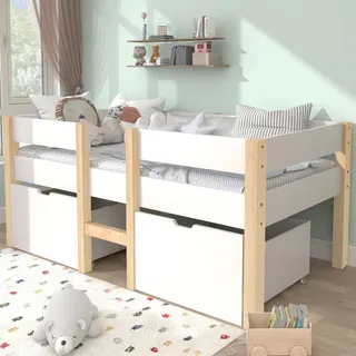Sweiko Kinderbett Hochbett mit 2 Schubladen Massivholzbett mit Lattenrost und Rausfallschutz Kiefer weiß 90 x 190 cm - Weiß