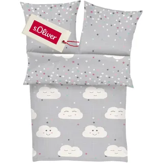 s.Oliver Kinderbettwäsche Wolke 100x135 cm - 100% Baumwolle, praktischer Reißverschluss & maschinenwaschbar, Bettwäsche für Kinder 2tlg. Wölkchen & Sterne grau