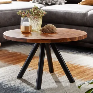 FineBuy Couchtisch Sheesham Massivholz rund Ø60 cm · Wohnzimmertisch mit stabilen Metallbeinen · Massivholztisch im modernen Industrial Design - Braun