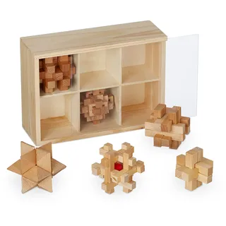 Relaxdays Knobelspiele für Erwachsene & Kinder, 6 Denksport Puzzle, Geduldspiele Holz, mit Box, Holzknobelei, natur, 9,5 x 26,5 x 18,5 cm