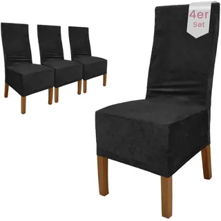 Scheffler Home Stuhlhussen Samt Schwarz 4er Set Puma – Elastische Stuhlbezüge für Hochlehner und Polsterstühle – Waschbar und formstabil