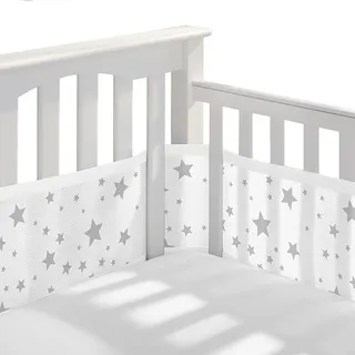 HB.YE Bettumrandung Nestchen Breathable Netzgewebe 4-seitiges Netzfutter für Babybett Kinderbetten (Weiß mit Sternen...)