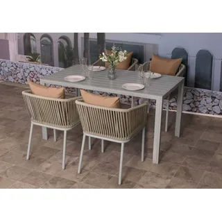 Gartengarnitur HWC-N41, Tisch+4xStuhl, wetterfest Alu 140x80cm, Seilgeflecht Rope grau Kissen taupe - Grau