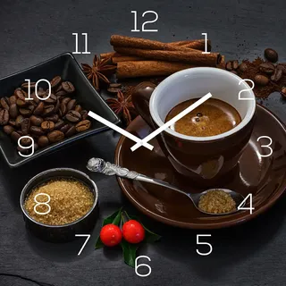 Wanduhr Glas 30x30cm Kaffee Braun Glasuhr Uhr Glasbild Küche Deko Coffee Cafe - Schwarz