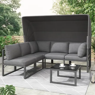 Merax Gartenlounge-Set für 5 Personen mit Eisenrahmen, 4-tlg. Gartenmöbel Set mit aufklappbarem Sonnendach, Sitzgruppe Loungeset Sonneninsel mit Tisch - Grau