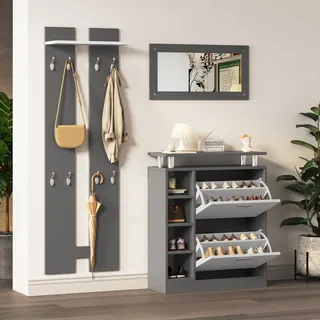 Abrihome Garderoben-Set, Schuhschrank 80 x 25 x 96.5 cm, inkl. Spiegel, 2 Wandpaneelen und einer Regalwand, Flurgarderobe, Grau - Grau