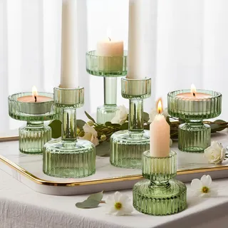 Joeyan 6er Set Mini Teelichtgläser, Grün Kerzengläser, Taper Gerippte Windlichter Tischdeko, Klare Kerzenständer für Tisch Centerpiece, Hochzeit, Geburtstag Party, Weihnachten Heimdekoration