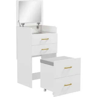 Homcom 3 in 1 Schminktisch mit Hocker, Kosmetiktisch mit Spiegel, 3 Schubladen , Weiß , Holzwerkstoff , Nachbildung , Füllung: Polyester , Rechteckig , eckig , 40x90x48 cm , Schlafzimmer, Schminktische