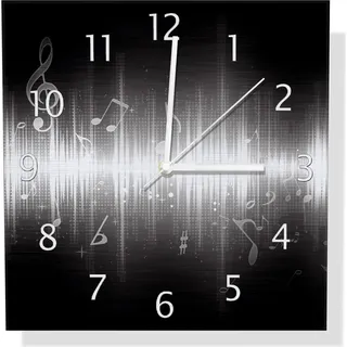 Wallario Design Wanduhr Noten der Musik in schwarz und weiß aus Aluverbund, Größe 30 x 30 cm - Schwarz