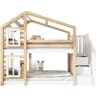 Redom Etagenbett 90/200 cm mit Treppenschrank, Baumhaus-Design und Rausfallschutz, Natur/Weiß , Naturfarben , Holzwerkstoff , 90x90 cm , Babymöbel & Kindermöbel, Kinderzimmer & Jugendzimmer, Stockbetten