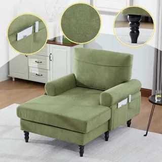 Minimalistischer Einzelsofa aus Chenille Stoff mit Holzbeinen Seitentaschen Olivgrün für Wohn und Schlafzimmer - Grün