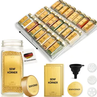 Greeano® Gewürzgläser mit Regal [24 x 120ml] inkl. 300 Gewürzetiketten [DE] - Gewürzregal mit Gläsern - Gewürz Organizer Schublade - Gewürzregal Schublade mit Gläsern Gewurzregalsystem Gold