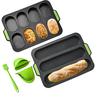 YXIAOO Backform Baguette Backblech Brötchen Brotbackformen Baguetteblech Backen von Baguettebrot Brot Langbrot Hot Dog mit 2 Isolationshandclip+Ölpinsel (Grau, Baguette)