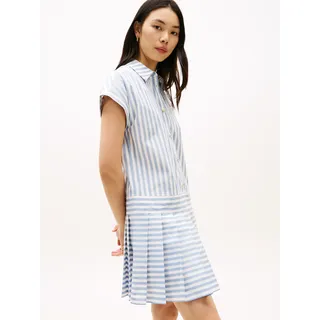 Shirtkleid TOMMY HILFIGER "POPLIN PLEATED SHORT SS DRESS", Damen, Gr. XS (34), N-Gr, wide banker stp ecru brisk blau, Jersey, Obermaterial: 100% Baumwolle, gestreift, regular fit kurz, Kleider Shirtkleid, mit Logo-Stickerei