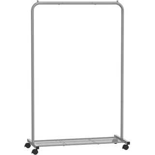 SONGMICS Kleiderständer, Kleiderstange auf Rollen, Garderobenständer Metall, Rollgarderobe 91 cm breit, mit Ablage, 2 Rollen mit Bremse, Stange bis 40 kg belastbar, grau HSR025G01