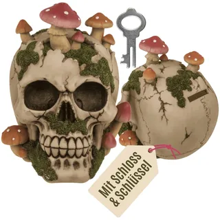 Out of the blue Spardose mit Schloss - Totenkopf Design mit Pilzbewuchs - Dekorative Sparbüchse aus Polyresin - Originelles Geldgeschenk zur Hochzeit - Für Kinder & Erwachsene