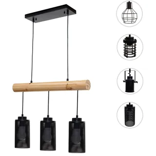 Pendelleuchte HWC-H83, Hängelampe Hängeleuchte, Industrial Vintage Massiv-Holz Metall schwarz ~ 3 Ro