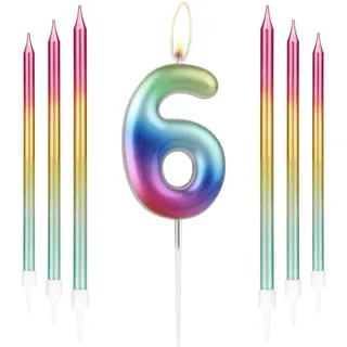 Regenbogen-Kerze mit 6 langen Stabkerzen, Metall-Stil, Regenbogen-Geburtstagskerze, Kuchendekoration, Happy First Birthday-Kerze, farbige Kuchendekoration für Mädchen und Jungen,