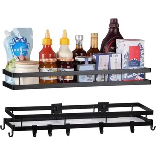 Gewürzregal Schwarz Metall 2 Etagen 8 Haken zum Kleben 50cm - YunNasi