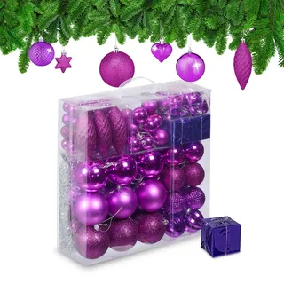 Relaxdays Weihnachtskugeln 110er Set, Kunststoff, Weihnachtsbaumdeko mit Kugeln & Lametta UVM., Christbaumschmuck, pink