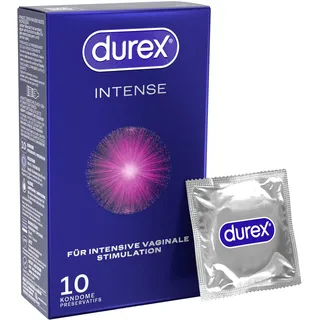 Durex Intense Kondome – Für komfortablen Sitz, safer sex und hervorragende Gleitfähigkeit mit Noppen, Rippen & viel Desirex-Gel, anatomische Easy-On-Form – 10er Pack (1 x 10 Stück)