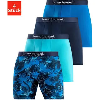 Langer Boxer BRUNO BANANI, Herren, Gr. M (5), 4 Stk., blau (blau bedruckt, türkis, navy, blau), Jersey, Obermaterial: 92% Baumwolle, 8% Elasthan, bedruckt, unifarben, körpernah, Unterhosen Langer Boxer, Langes Bein, Palmendruck und unifarben aus Baumwollmischung, Topseller