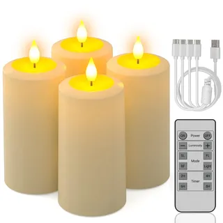 PChero LED Kerzen Aufladbar 4er Set mit Fernbedienung, Wasserdicht Elektrische Kerzen Flackernd mit Timerfunktion für Innen und Außen Zimmer Halloween Garten Deko Weihnachten Outdoor (7cm x 13cm)