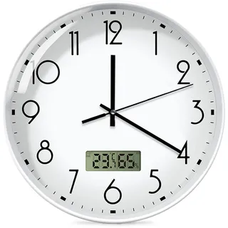 GOMETY Lautlos Wanduhr, 30cm Küchenuhr Wanduhr mit Kalender Digital LCD, Weiss Analog Quarzuhr, weiß Uhr Wand LCD mit digitaler Kalender und Thermometer für Wohnzimmer Schlafzimmer Büro Badezimmer