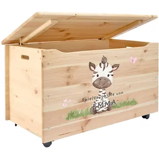 Pinus Spielzeugkiste personalisierbar 90x48x51 cm mit Deckel Rollen | Kiefernholz, Wunschname personalisiert, große Aufbewahrung, für Spielzeug Decken Erinnerungen, Kinderzimmer Geschenk Geburt