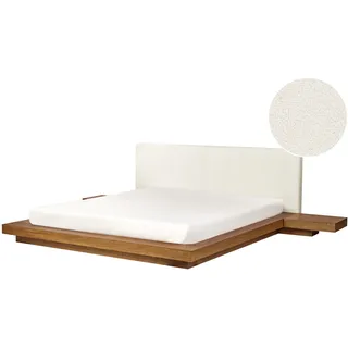 BELIANI Bett Weiß / Naturfarbene Esche Bouclé u. MDF mit Lattenrost 180x200 cm 2 Nachttische Hohes Kopfteil Japanischer Stil Plattform-Bett Futonbett - Braun, Weiß