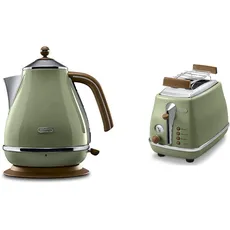De'Longhi Toaster Icona Vintage CTOV2103.GR - 2-Schlitz-Toaster mit Brötchenaufsatz, grün & De'Longhi Wasserkocher Icona Vintage KBOV2001.GR - 1,7 l mit Wasserstandsanzeige und 360° Basis, grün