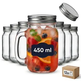 gouveo 12er Set Trinkgläser 450 ml mit Deckel silberfarben - Trinkglas mit Henkel und Drehverschluss - Henkelgläser mit Deckel - Cocktail-Glas für Garten und Balkon (TGH450S)