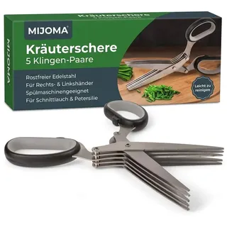MIJOMA Kräuterschere für Rechts- und Linkshänder, 5 Klingen-Paare, 8 cm Schneidklingen, Rostfreier Edelstahl – Perfekt zum Kräuter schneiden und hacken, für Küche und Garten