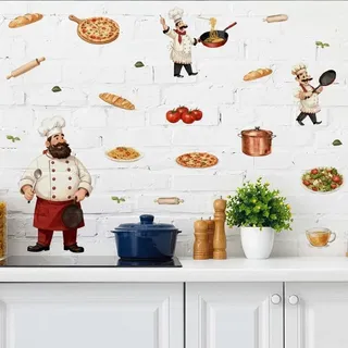 COVPAW Wandtattoo Küche Koch mit Pizza Brot Wandaufkleber Italienisches Restaurant für Küche Esszimmer Wand Kühlschrank Fenster usw. Dekoration, 60x23.62cm, 2 Blätter (Koch mit Pizz Brot)