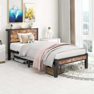 Flieks Jugendbett 90x200cm mit Lattenrost, Klassisches Bett Metallbett mit Ablage, Kinderbett Einzelbett mit Metall-Plattformbettgestell, Schwarz - Schwarz