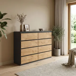 Masseno Kommode NUDO 120 cm Sideboard mit 8 Schubladen und Türen für Wohnzimmer Schlafzimmer Modern 120x39x101,5 cm Anthrazit / Eichefarben - Grau